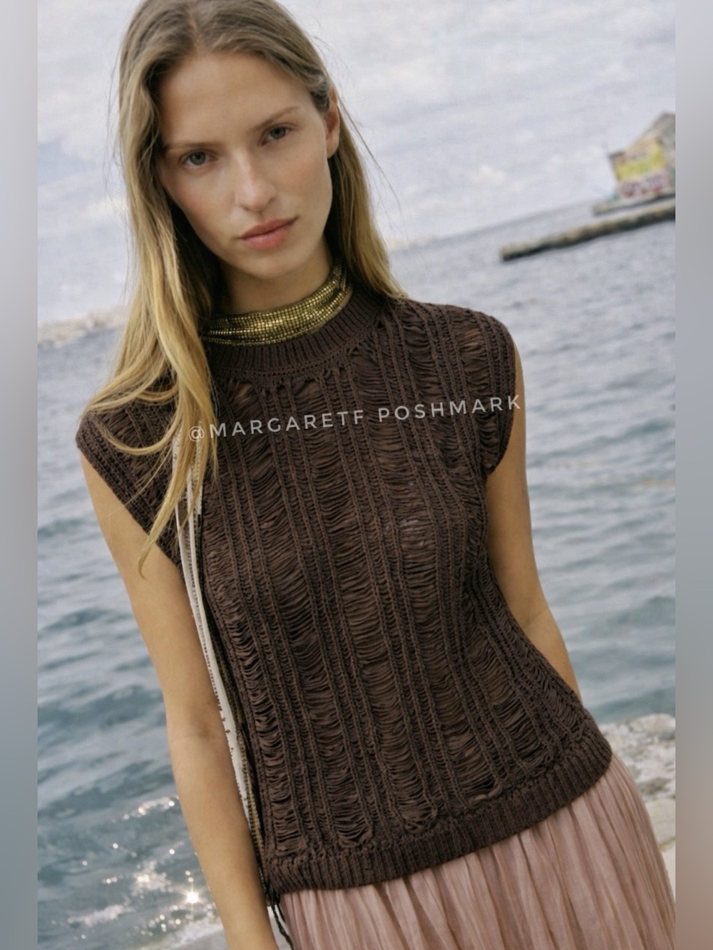 Zara ribbon Knit top, brown - Picture 3 of 15